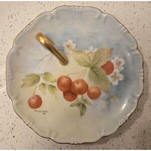 Hand Painted Porcelain Tray Signed Cherry Fruit Dish Gold Handle Vintage‎